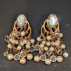 Vintage 80s Miriam Haskell Goldtone Faux Pearl/Crystal Chandelier Style Earrings